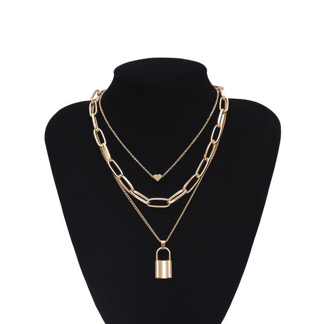 Multi Layer Lover Lock Necklace