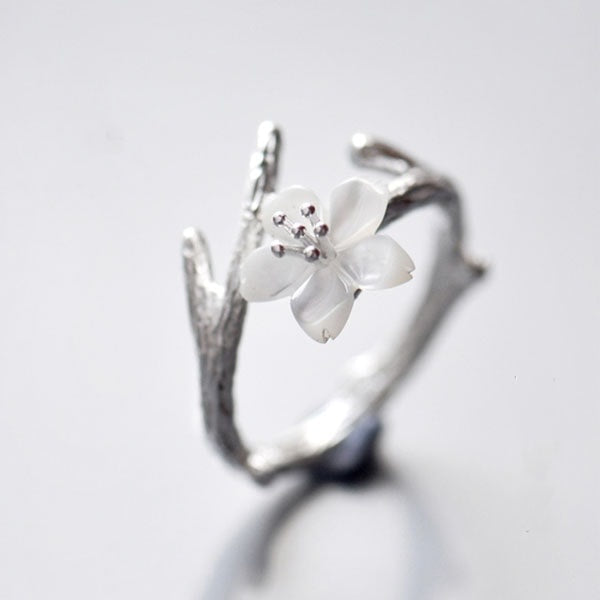 White Cherry Blossom Silver Ring