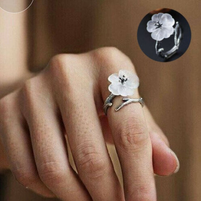 White Cherry Blossom Silver Ring